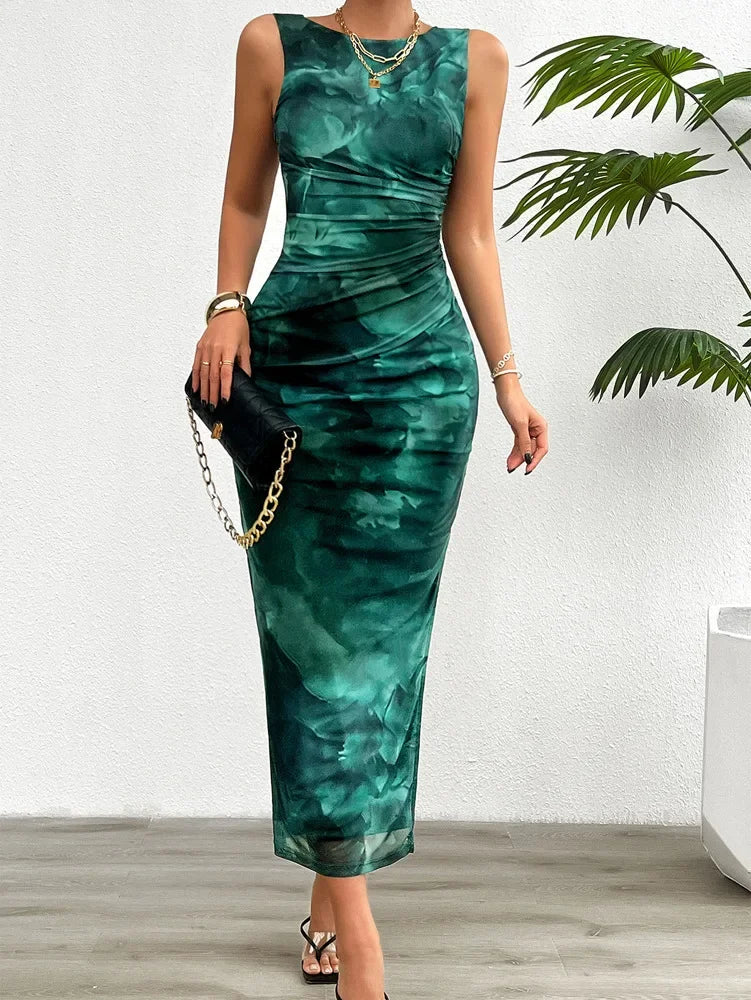 Casual Printed Round Neck Slimming With Split Bottom Sleeveless Tight Bodycon Dress