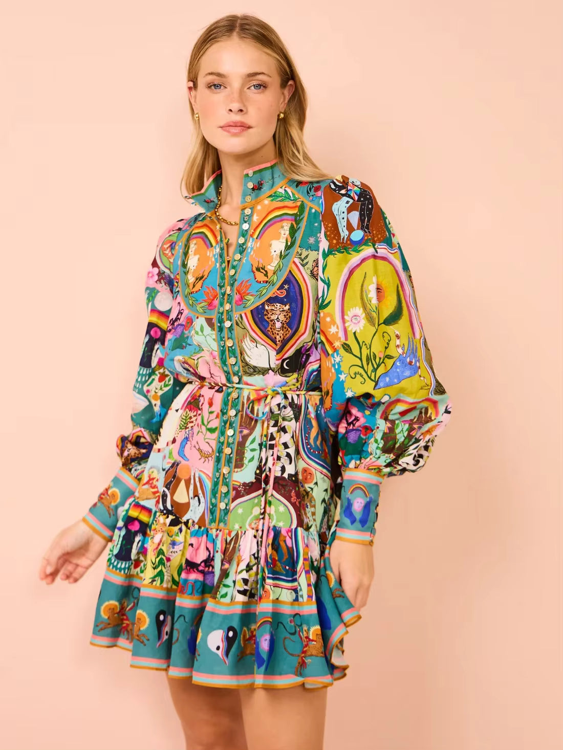 Casual Single Breasted Printed Round Neck Strap Pleated Ruffle Mini Dress