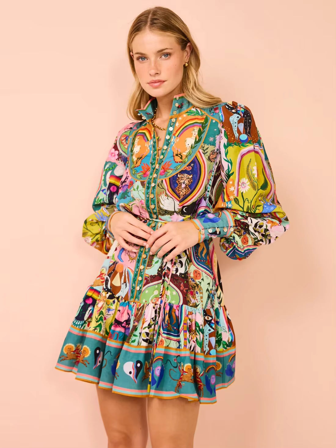 Casual Single Breasted Printed Round Neck Strap Pleated Ruffle Mini Dress