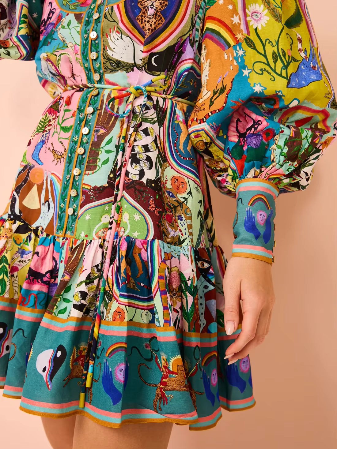 Casual Single Breasted Printed Round Neck Strap Pleated Ruffle Mini Dress