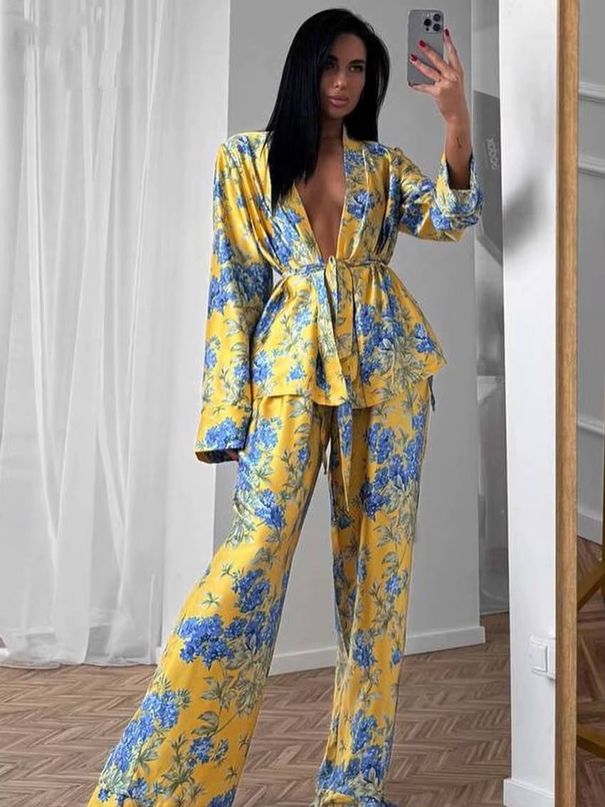 Casual Printed Satin Long Sleeve Lace-Up Shirts And Pant 2 Piece Set