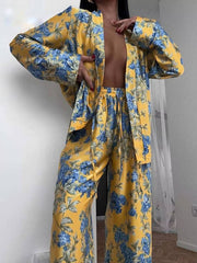 Casual Printed Satin Long Sleeve Lace-Up Shirts And Pant 2 Piece Set