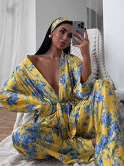 Casual Printed Satin Long Sleeve Lace-Up Shirts And Pant 2 Piece Set