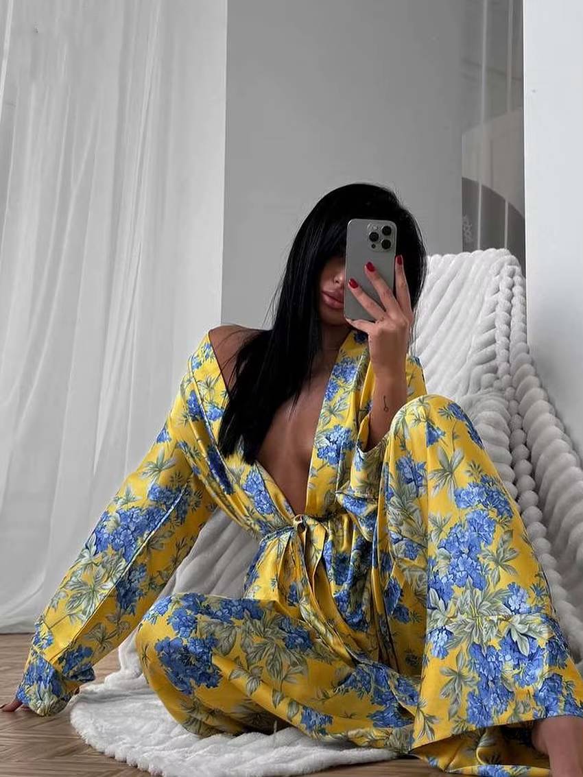 Casual Printed Satin Long Sleeve Lace-Up Shirts And Pant 2 Piece Set