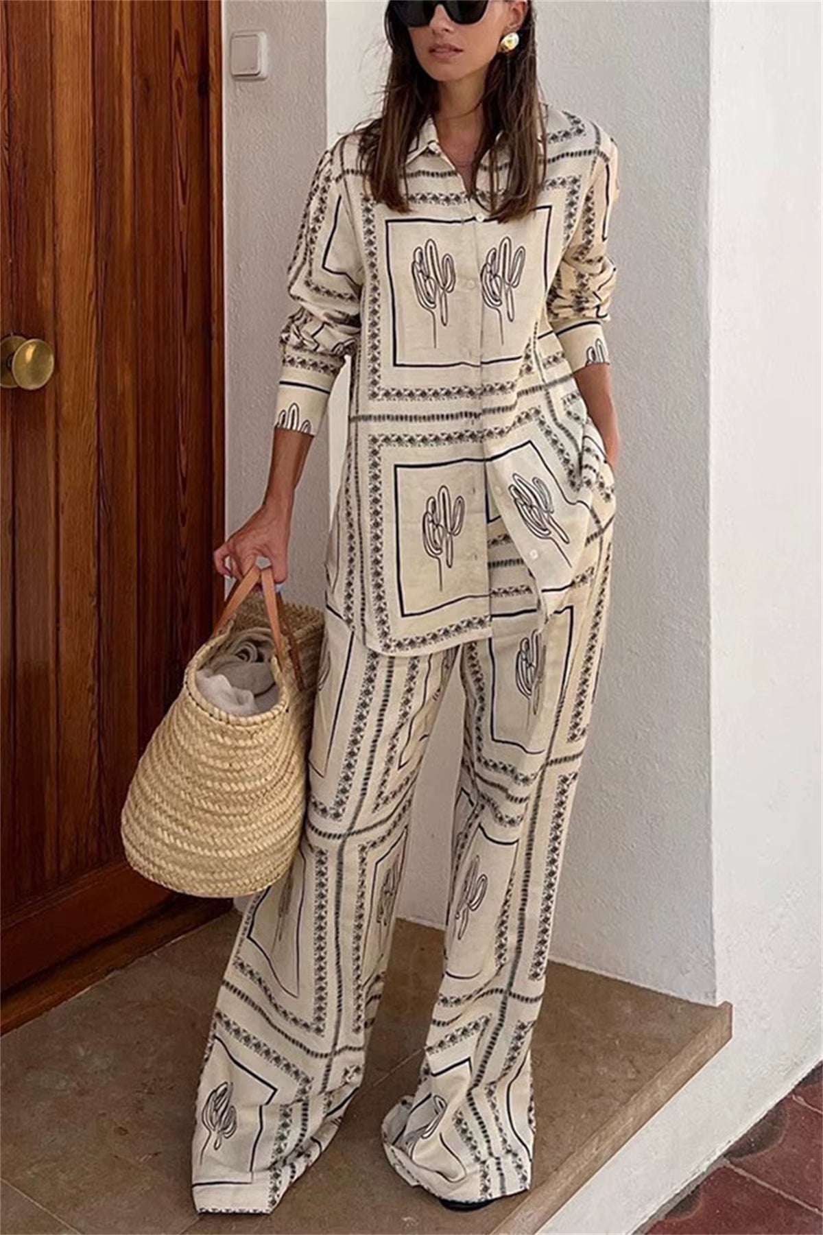 Casual Printed Shirts Lapel Long Sleeve Top High Waist Wide Leg Pants Two Piece Set