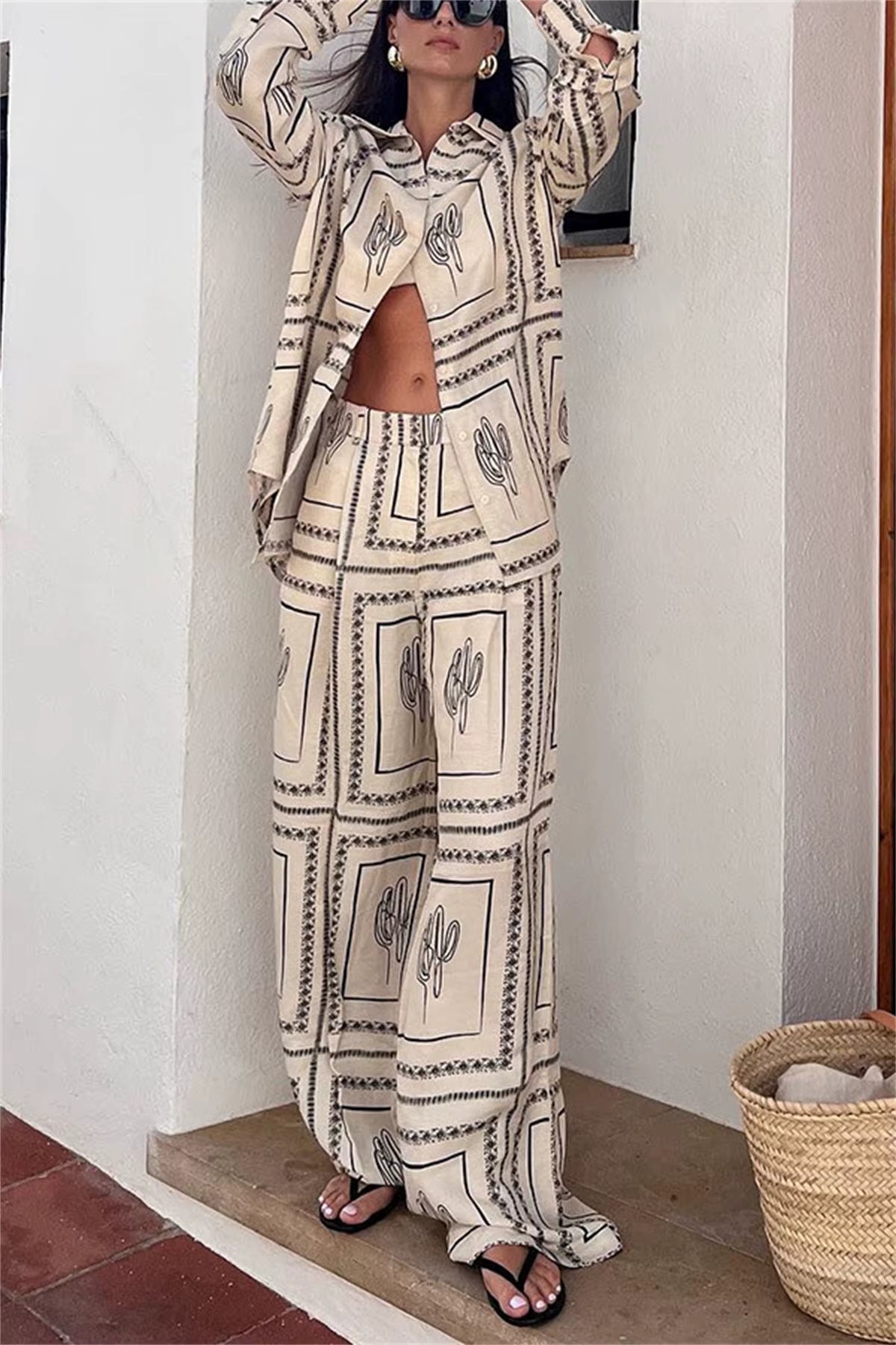 Casual Printed Shirts Lapel Long Sleeve Top High Waist Wide Leg Pants Two Piece Set