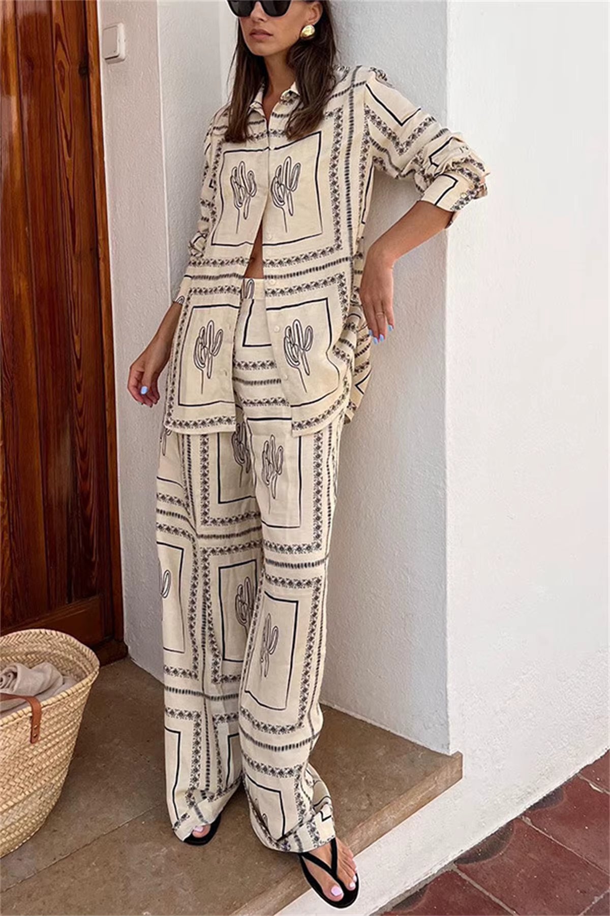 Casual Printed Shirts Lapel Long Sleeve Top High Waist Wide Leg Pants Two Piece Set