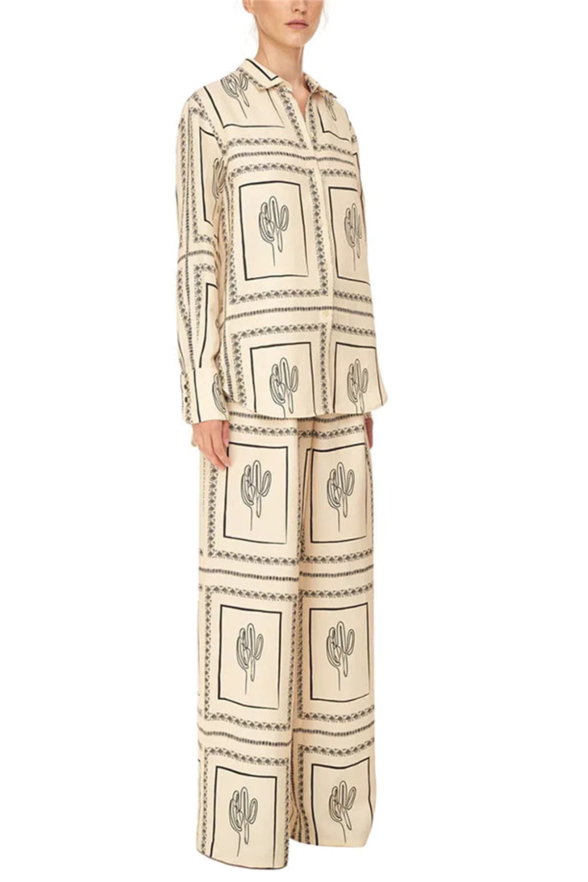 Casual Printed Shirts Lapel Long Sleeve Top High Waist Wide Leg Pants Two Piece Set