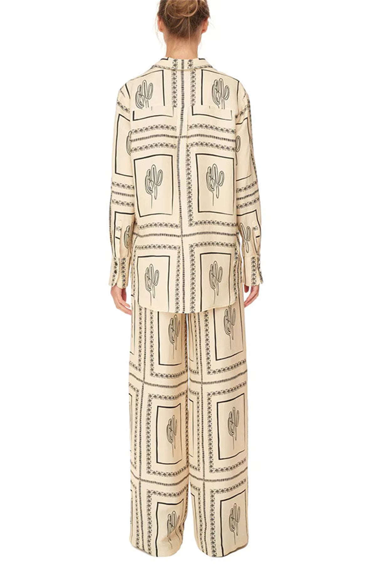 Casual Printed Shirts Lapel Long Sleeve Top High Waist Wide Leg Pants Two Piece Set
