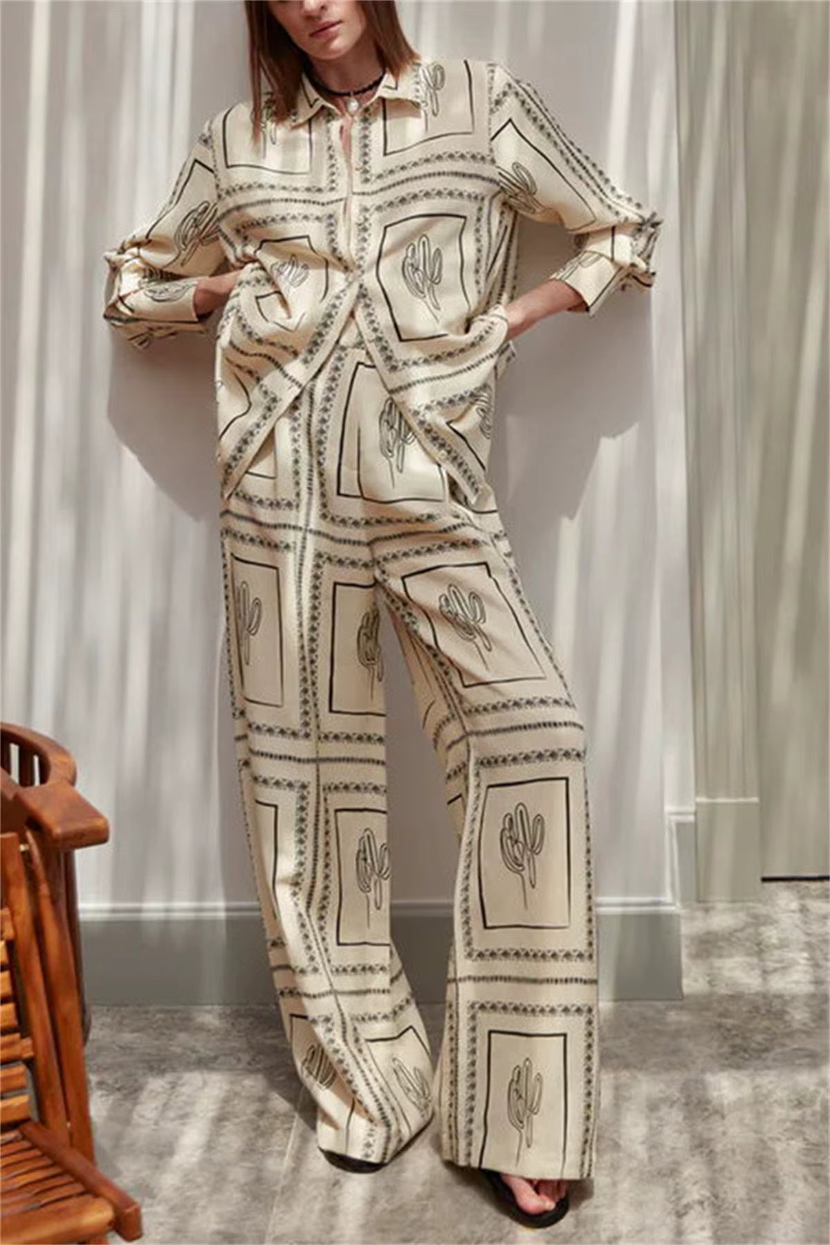 Casual Printed Shirts Lapel Long Sleeve Top High Waist Wide Leg Pants Two Piece Set