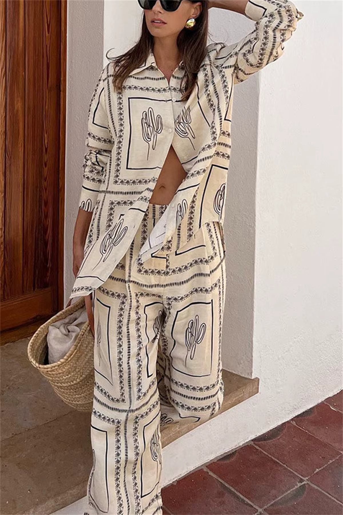Casual Printed Shirts Lapel Long Sleeve Top High Waist Wide Leg Pants Two Piece Set
