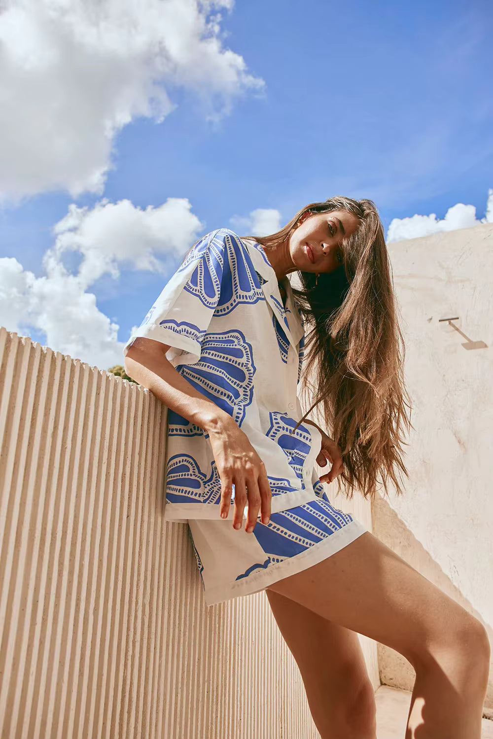 Casual Printed Turn Down Collar Loose Shirt And Shorts 2 Pieces Set