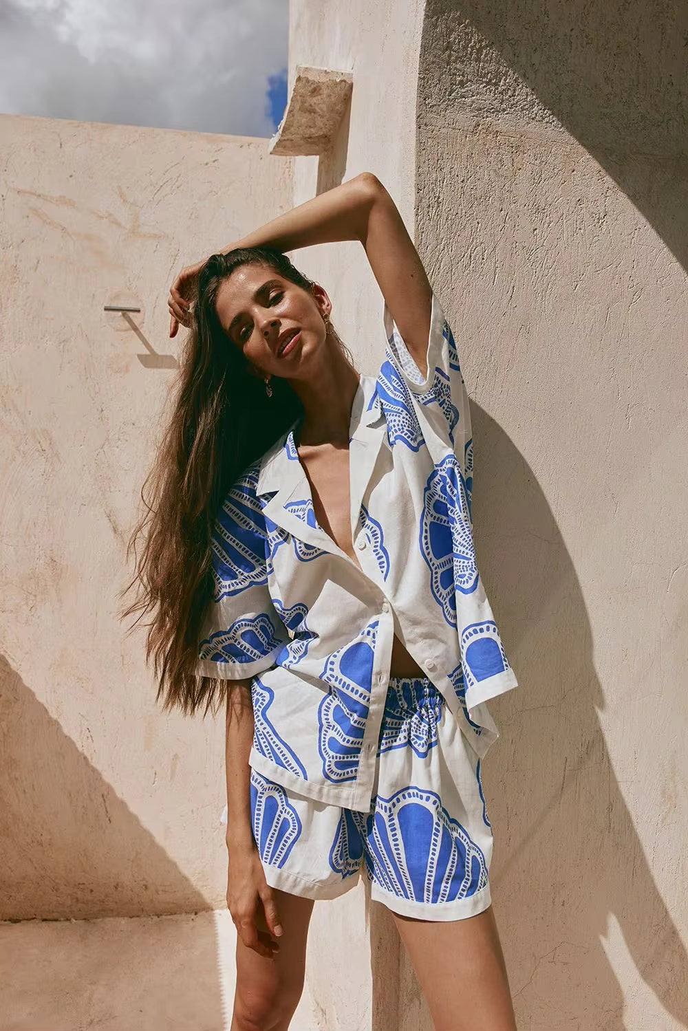 Casual Printed Turn Down Collar Loose Shirt And Shorts 2 Pieces Set