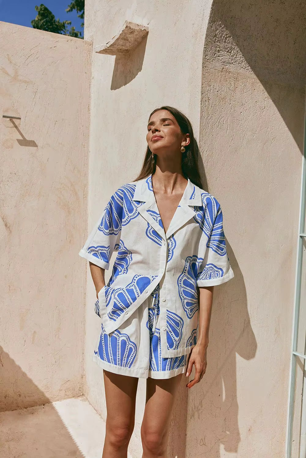Casual Printed Turn Down Collar Loose Shirt And Shorts 2 Pieces Set