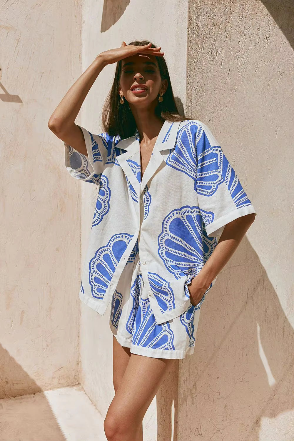Casual Printed Turn Down Collar Loose Shirt And Shorts 2 Pieces Set