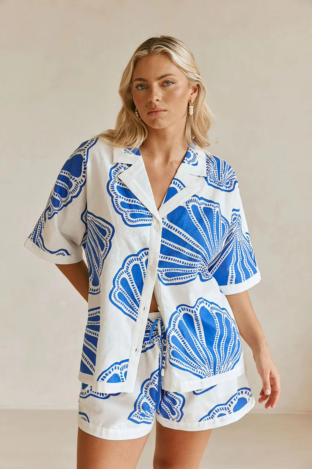 Casual Printed Turn Down Collar Loose Shirt And Shorts 2 Pieces Set