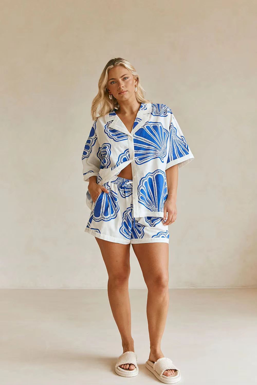 Casual Printed Turn Down Collar Loose Shirt And Shorts 2 Pieces Set