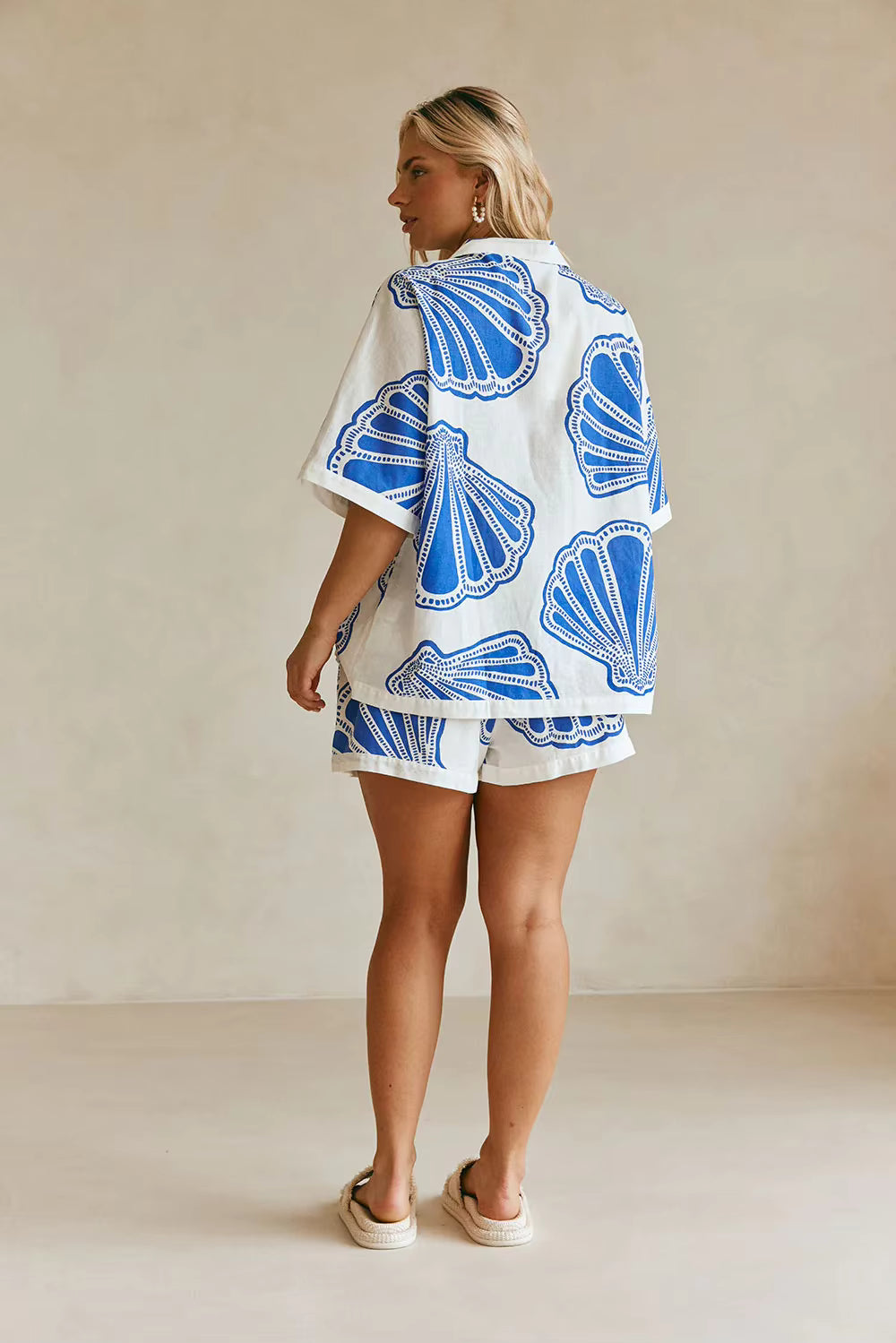 Casual Printed Turn Down Collar Loose Shirt And Shorts 2 Pieces Set