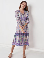 Casual Printed V-Neck Three Quarters Sleeves Flowy Midi Dress