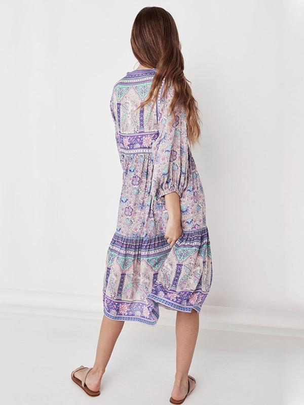 Casual Printed V-Neck Three Quarters Sleeves Flowy Midi Dress