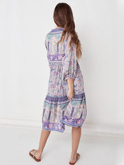 Casual Printed V-Neck Three Quarters Sleeves Flowy Midi Dress