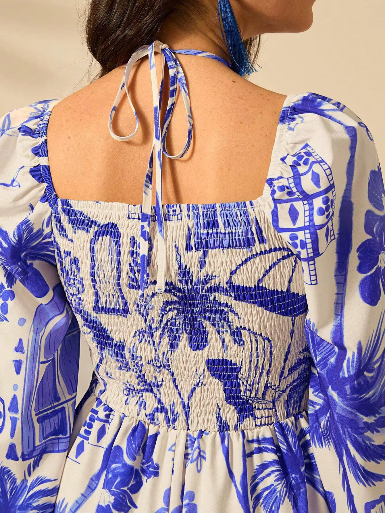 Casual Printed V-neck Waist Short Skirt Lantern Sleeve Strap Mini Dress
