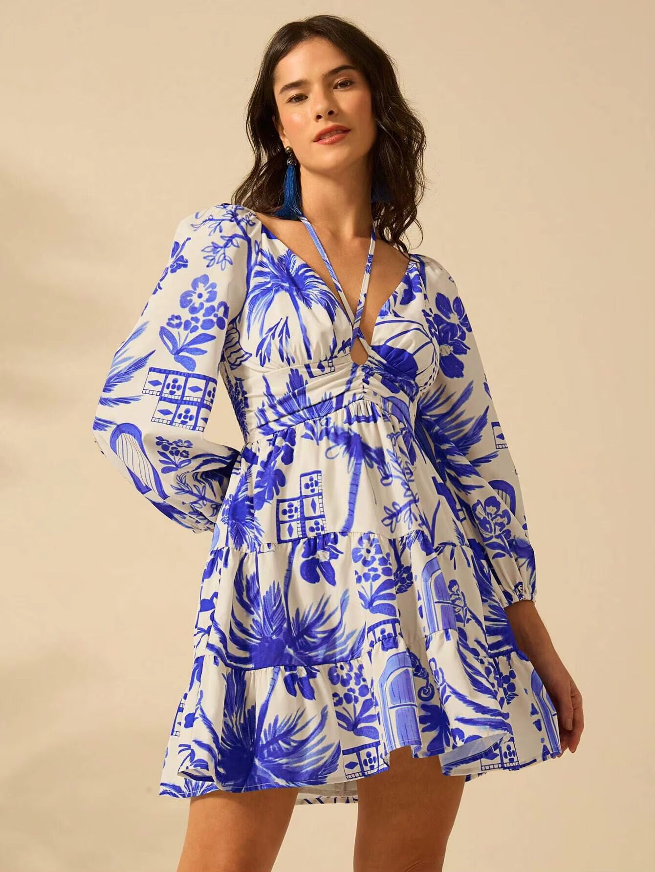 Casual Printed V-neck Waist Short Skirt Lantern Sleeve Strap Mini Dress