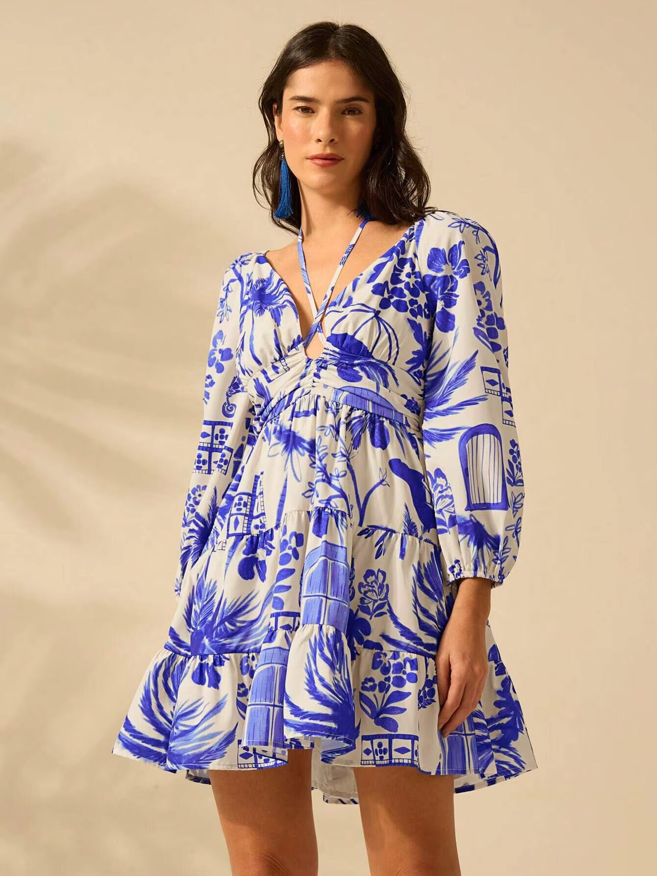 Casual Printed V-neck Waist Short Skirt Lantern Sleeve Strap Mini Dress