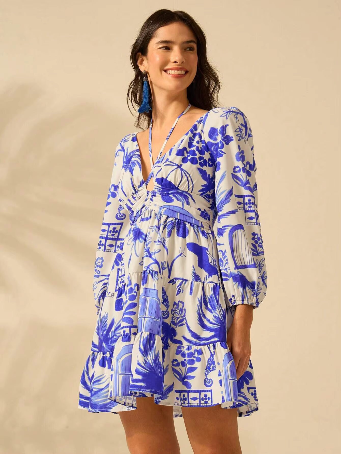 Casual Printed V-neck Waist Short Skirt Lantern Sleeve Strap Mini Dress