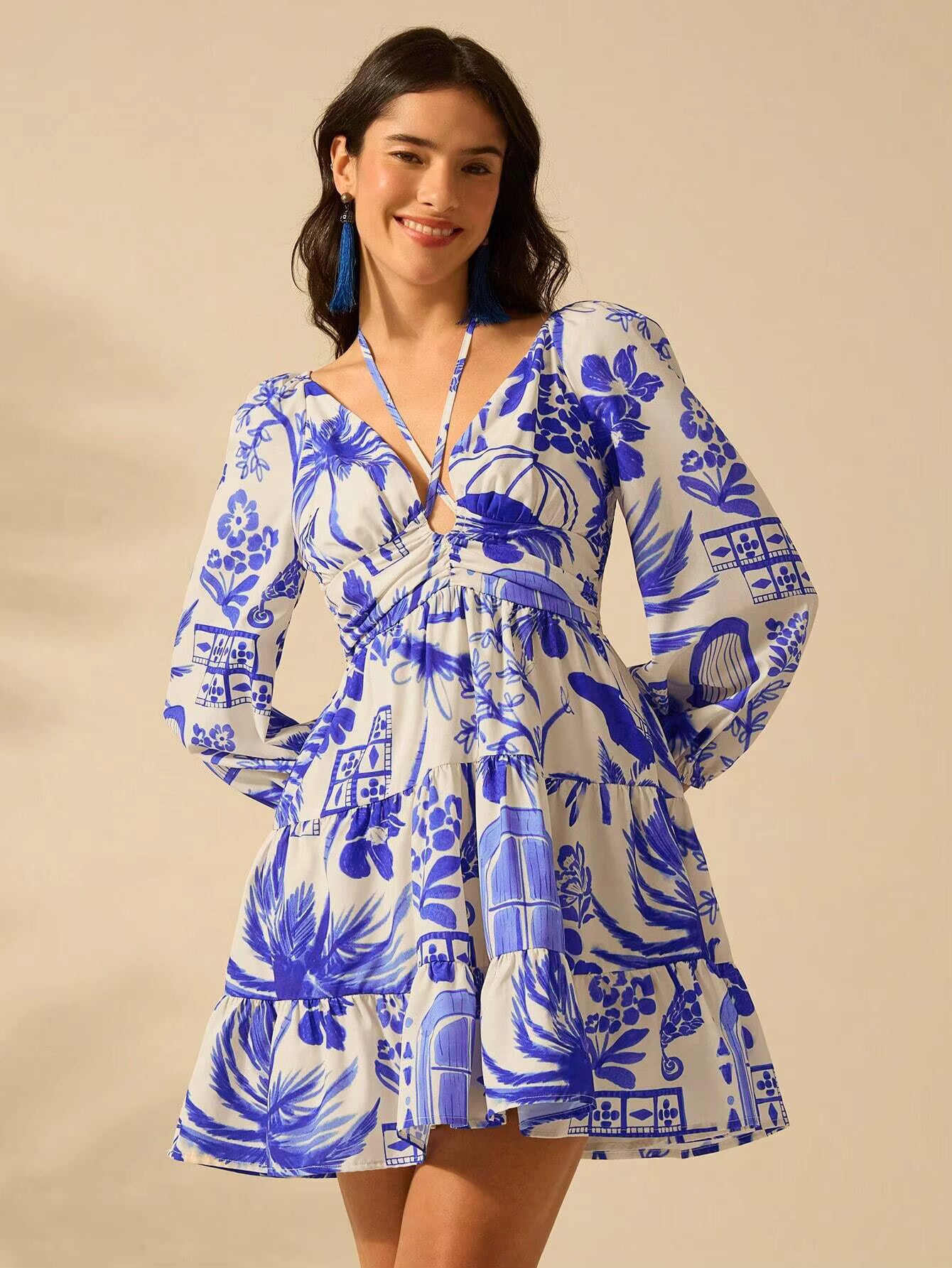 Casual Printed V-neck Waist Short Skirt Lantern Sleeve Strap Mini Dress