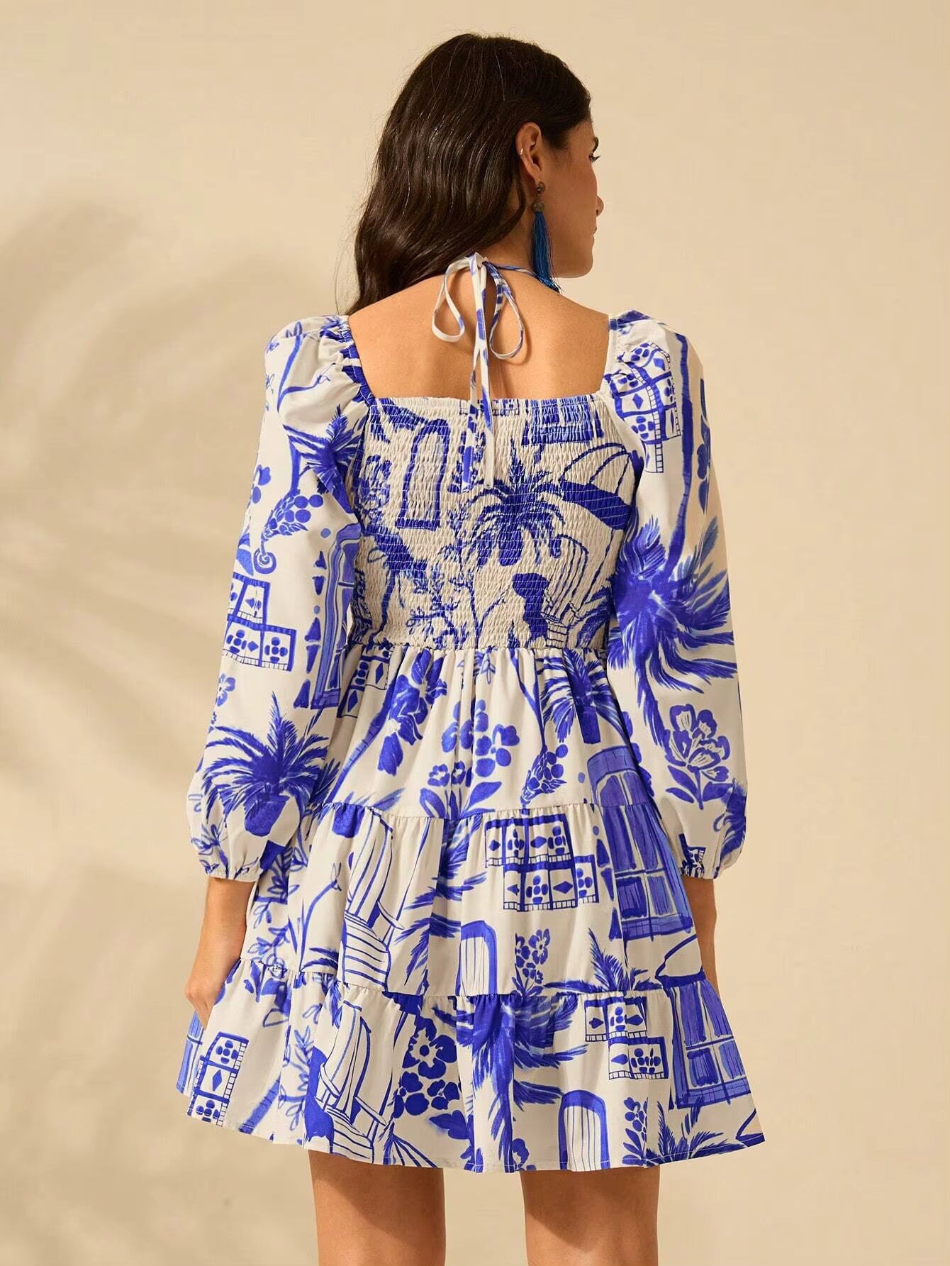 Casual Printed V-neck Waist Short Skirt Lantern Sleeve Strap Mini Dress