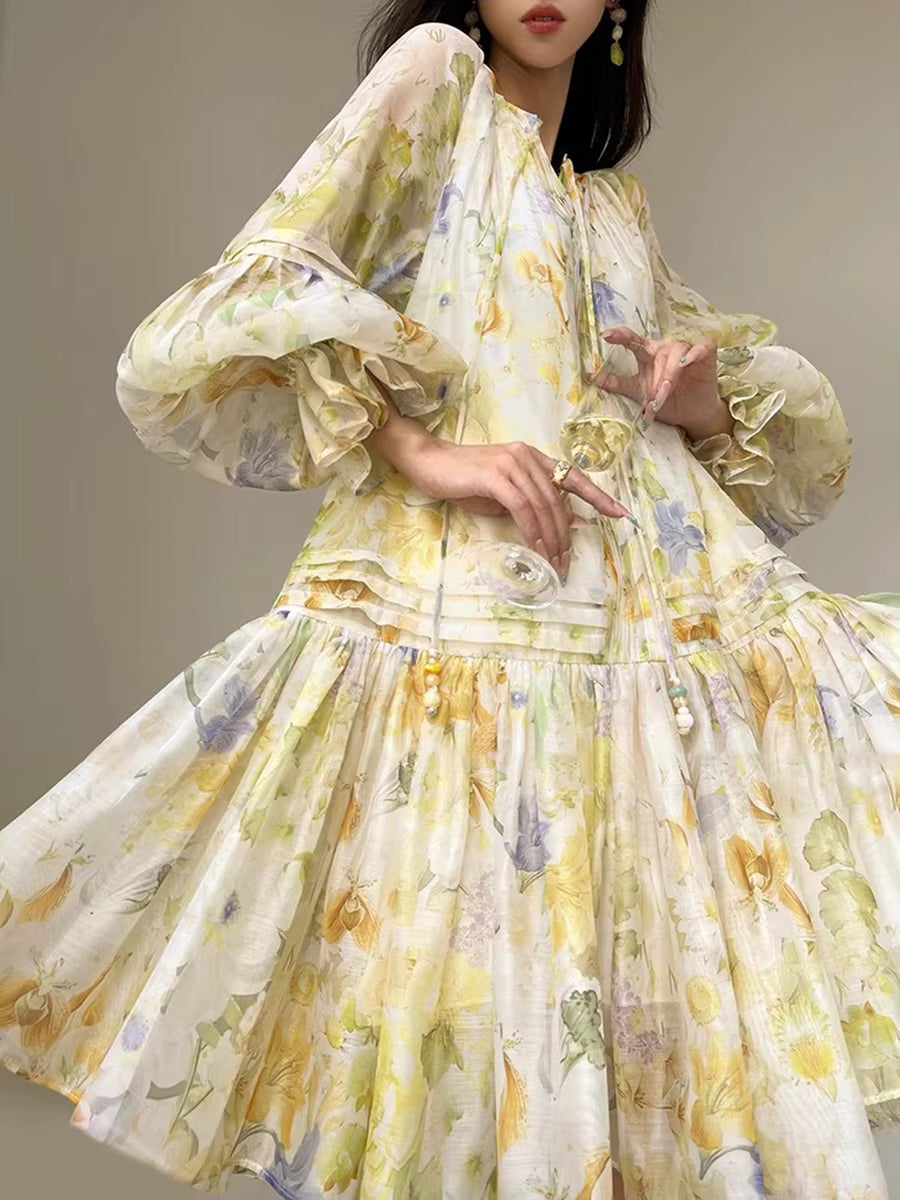 Casual Printing O-Neck Long Sleeve High Waist Loose Knee-length Dress