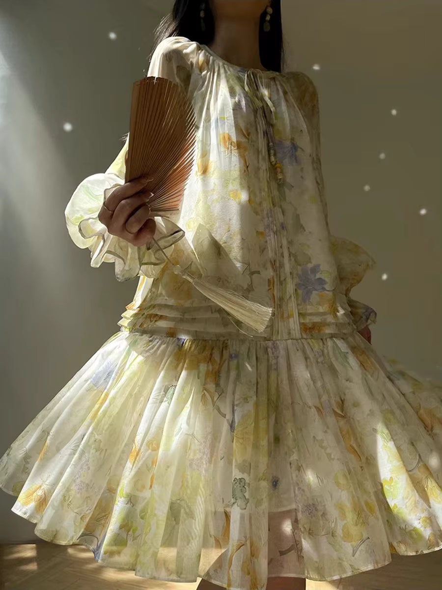 Casual Printing O-Neck Long Sleeve High Waist Loose Knee-length Dress