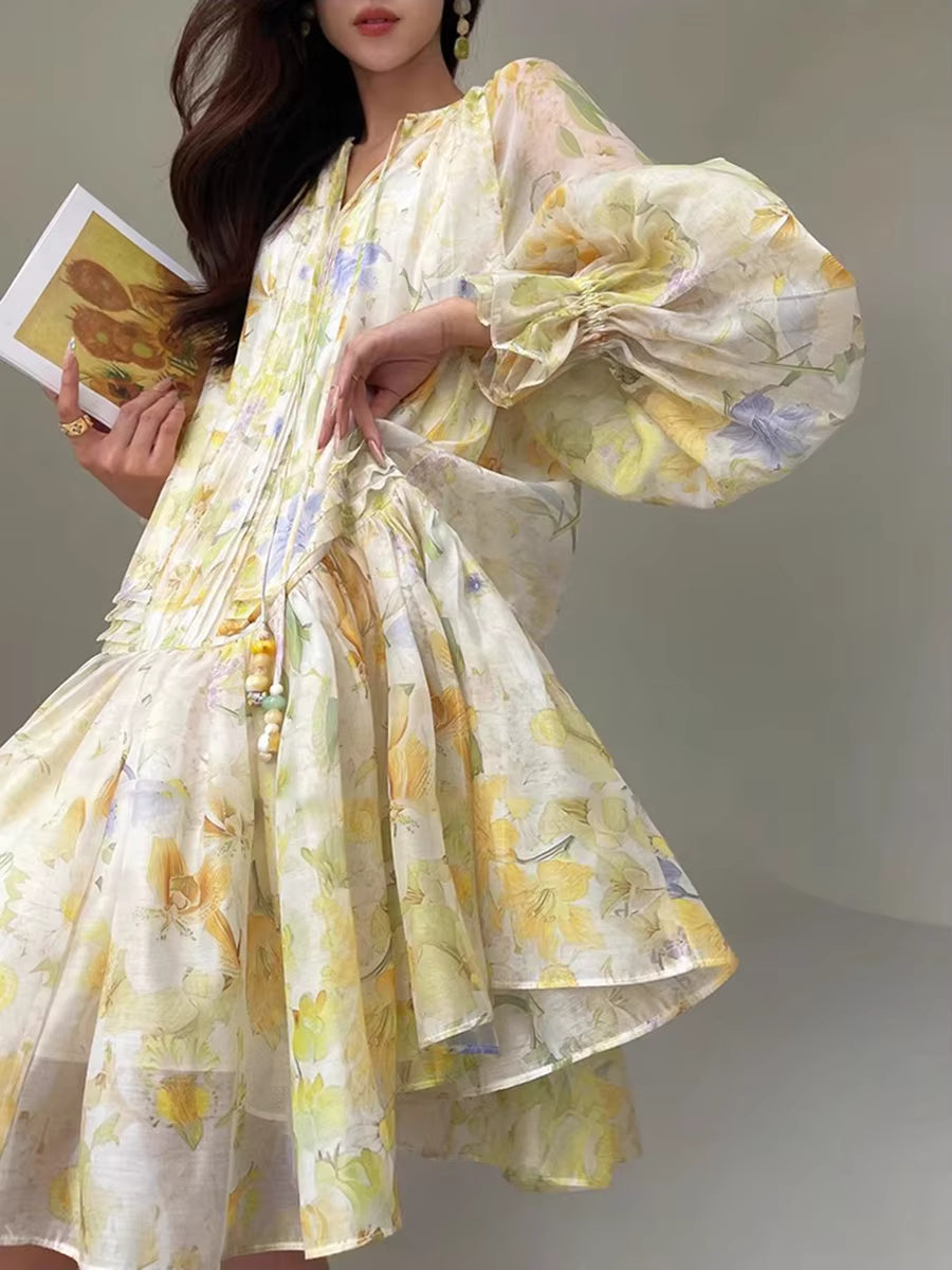 Casual Printing O-Neck Long Sleeve High Waist Loose Knee-length Dress