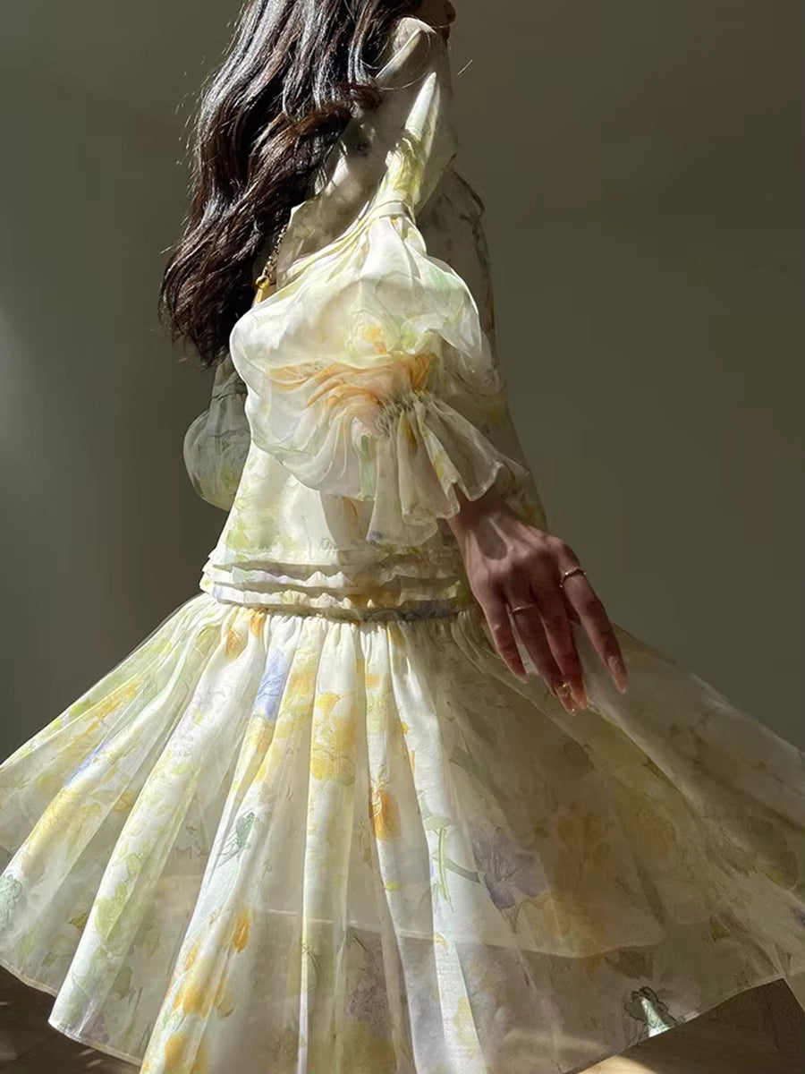 Casual Printing O-Neck Long Sleeve High Waist Loose Knee-length Dress