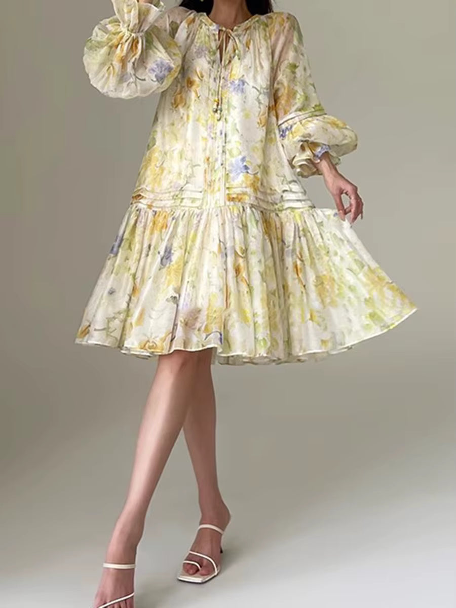 Casual Printing O-Neck Long Sleeve High Waist Loose Knee-length Dress