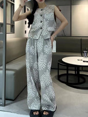Casual Printing O Neck Sleeveless Top High Waist Loose Pant Two Piece Set