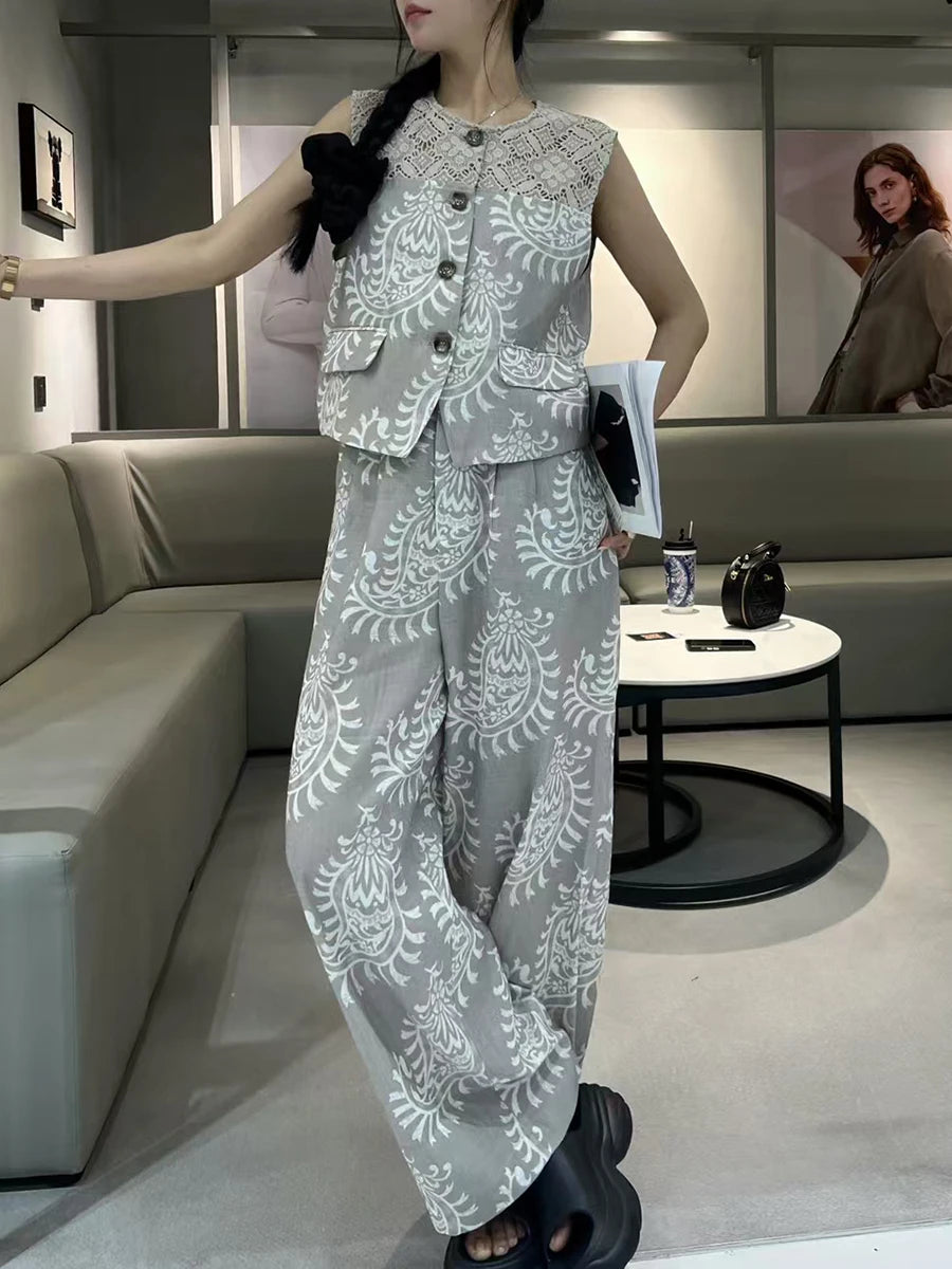 Casual Printing O Neck Sleeveless Top High Waist Loose Pant Two Piece Set