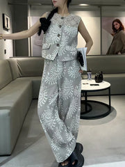 Casual Printing O Neck Sleeveless Top High Waist Loose Pant Two Piece Set