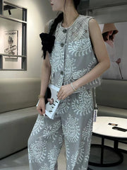 Casual Printing O Neck Sleeveless Top High Waist Loose Pant Two Piece Set