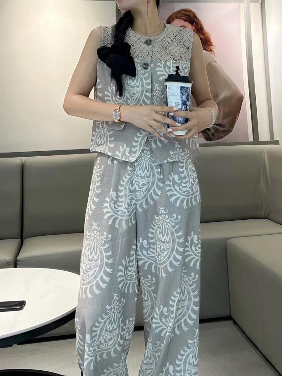 Casual Printing O Neck Sleeveless Top High Waist Loose Pant Two Piece Set