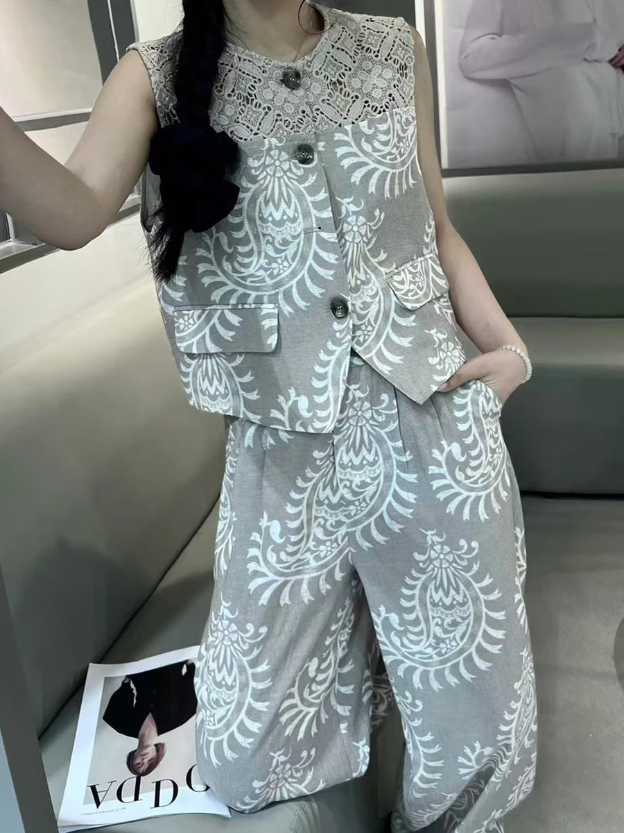 Casual Printing O Neck Sleeveless Top High Waist Loose Pant Two Piece Set
