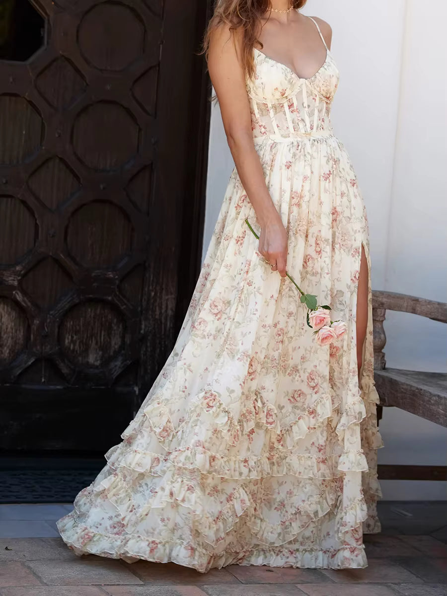 Casual Printing Split Square Collar Sleeveless High Waist Patchwork Ruffles Long Dress
