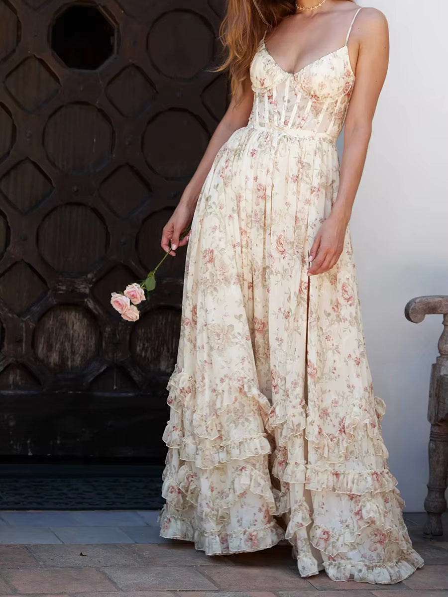 Casual Printing Split Square Collar Sleeveless High Waist Patchwork Ruffles Long Dress