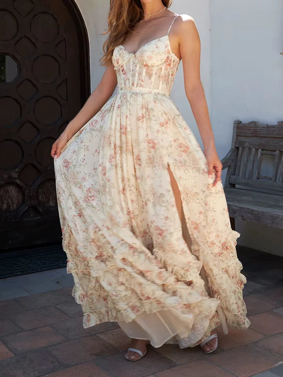 Casual Printing Split Square Collar Sleeveless High Waist Patchwork Ruffles Long Dress