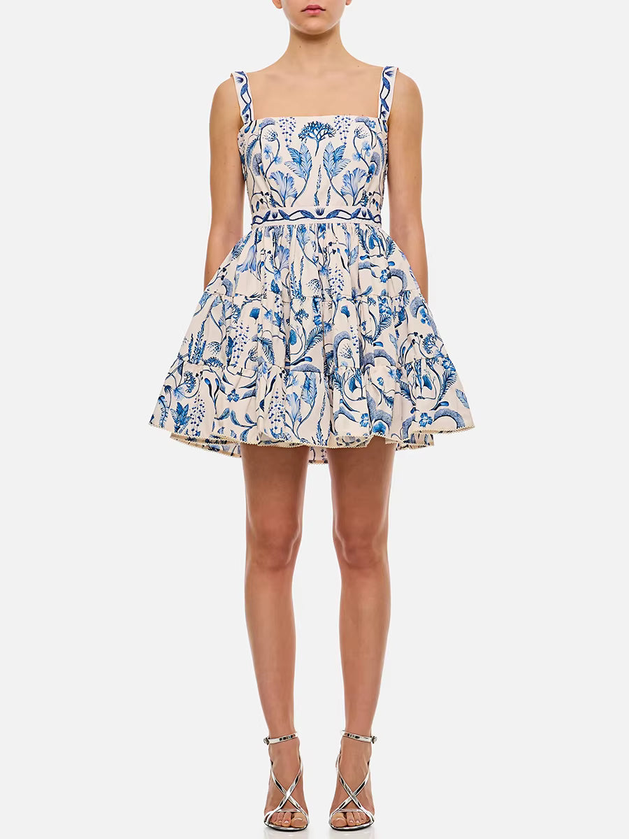 Casual Printing Square Neck Sleeveless High Waist Temperament Mini Dress