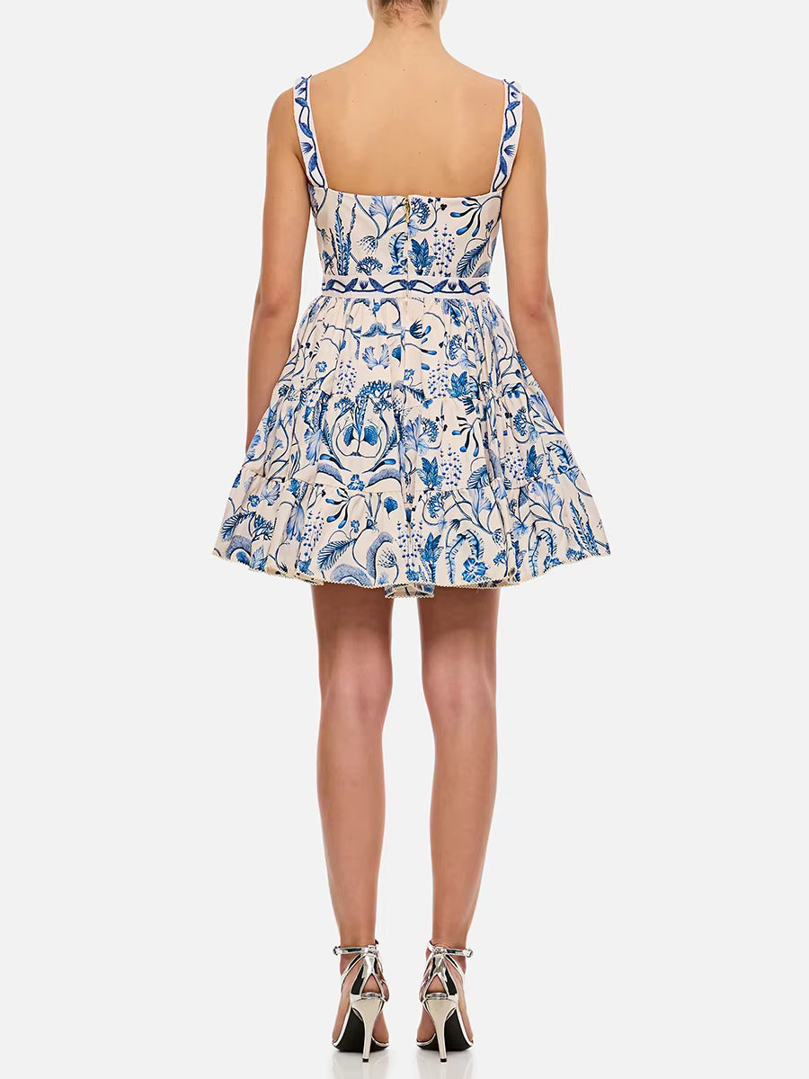 Casual Printing Square Neck Sleeveless High Waist Temperament Mini Dress