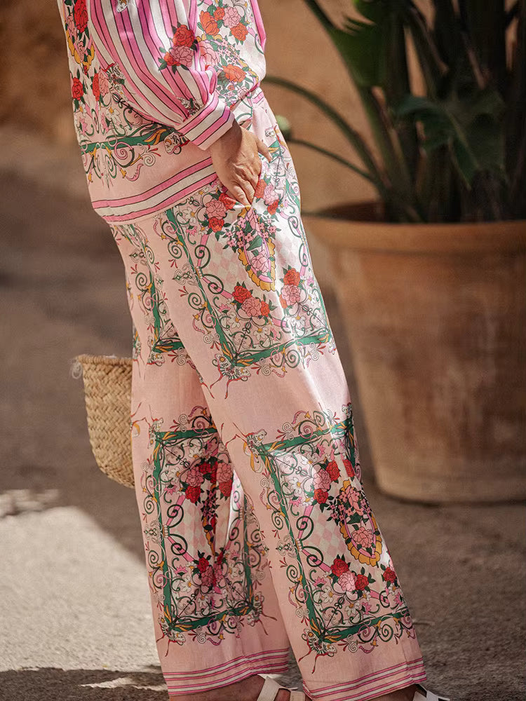 Casual Printing Turn-Down Collar Cardigan Top Wide Leg Pants Loose Two Pieces Sets