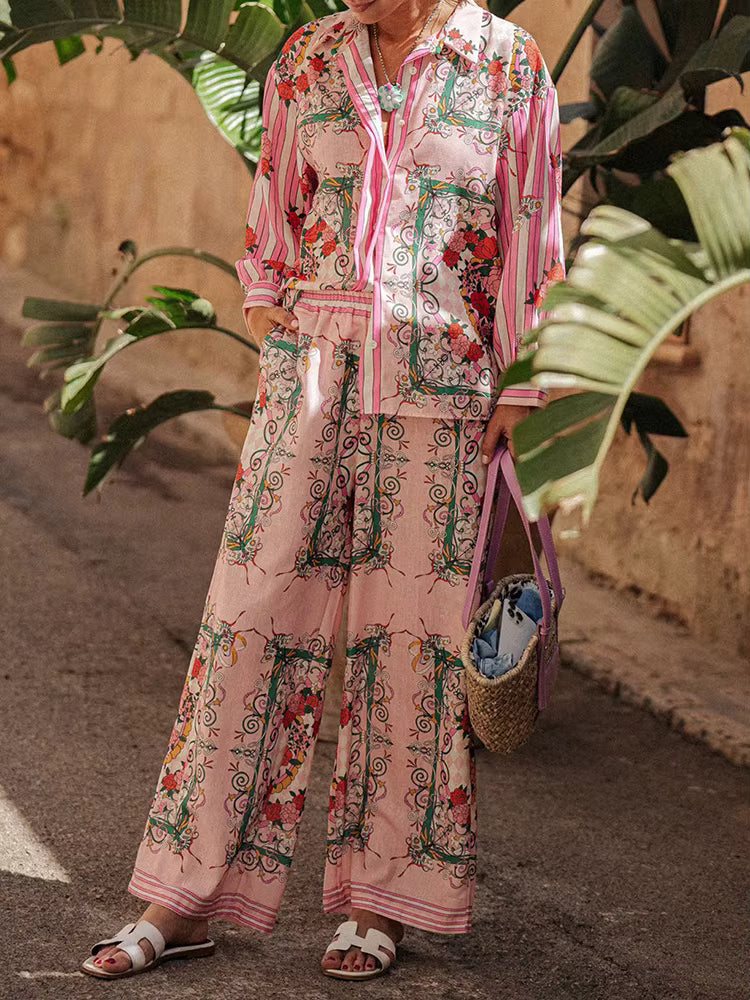 Casual Printing Turn-Down Collar Cardigan Top Wide Leg Pants Loose Two Pieces Sets