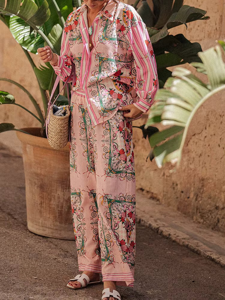 Casual Printing Turn-Down Collar Cardigan Top Wide Leg Pants Loose Two Pieces Sets